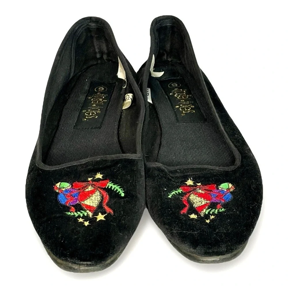 Tinsel Toes‎ Womens Black Velvet Holiday Christmas Bell Embroidered Flats Size 9